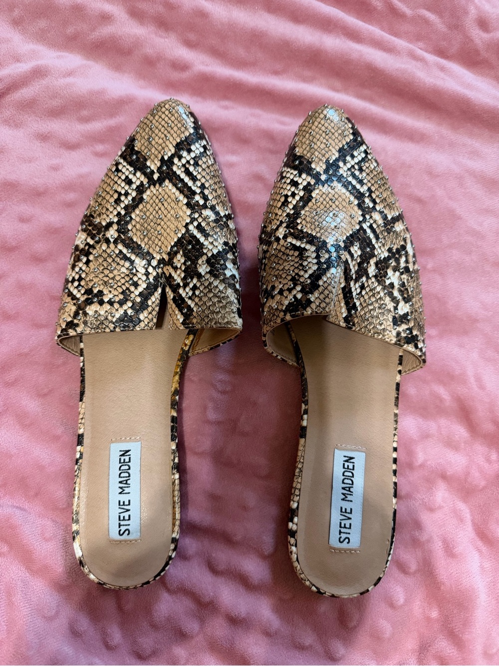 Steve Madden Snake-Print Slip-On Mules in Tan and Black